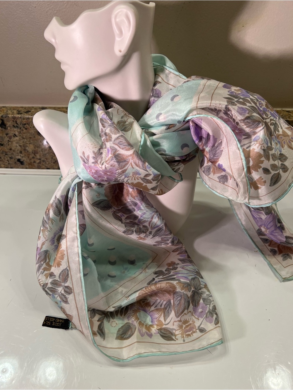 Silk Floral Pastel Scarf - Mint, Lavender, Cream 31x31” Hand Rolled Edges